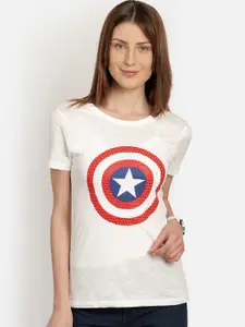 Free Authority Women White & Red Captain America Printed Cotton T-shirt