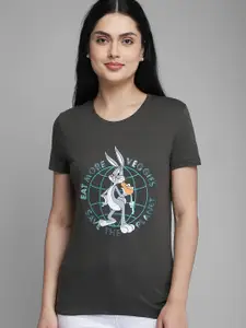 Free Authority Women Green & White Cotton Looney Tunes Printed T-shirt