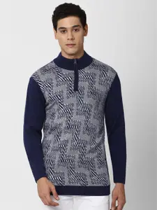 Peter England Casuals Men Navy Blue & Grey Printed Pullover