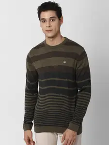 Peter England Casuals Men Olive Green & Black Striped Pullover
