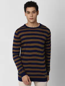 Peter England Casuals Men Blue & Brown Cotton Striped Pullover