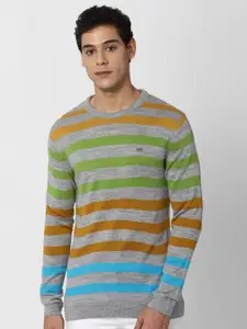 Peter England Casuals Men Grey & Green Striped Pullover