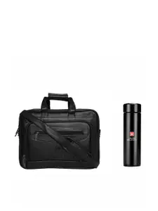 SWISS MILITARY Unisex Black PU Laptop Bag & Digital Vacuum Flask