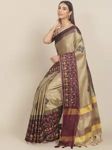 RAJGRANTH Beige & Maroon Floral Sequinned & Embroidered Silk Cotton Saree