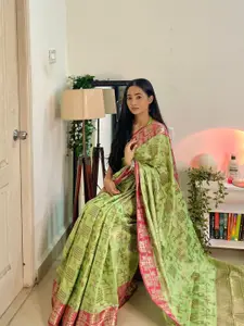 Mitera Green & Pink Woven Design Zari Silk Blend Kanjeevaram Saree