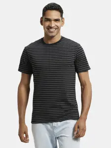 Jockey Men Black & Olive Green Striped Athleisure Super Combed Cotton T-shirt