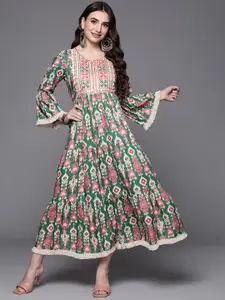 Indo Era Green & Pink Floral Embroidered Ethnic A-Line Maxi Ethnic Dress