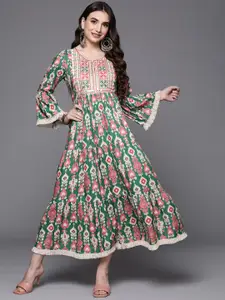Indo Era Green & Pink Floral Embroidered Ethnic A-Line Maxi Ethnic Dress