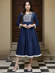 Indo Era Blue Ethnic Motifs Embroidered Ethnic A-Line Midi Ethnic Dress