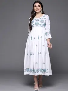 Indo Era White Ethnic Motifs Embroidered Ethnic A-Line Midi Dress