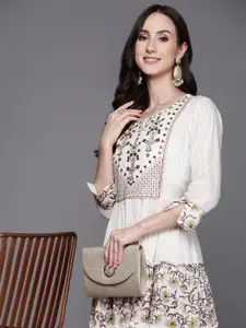 Indo Era Off White Floral Embroidered Ethnic Cotton A-Line Midi Dress