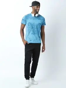 Huetrap Men Turquoise Blue Printed Round Neck T-shirt