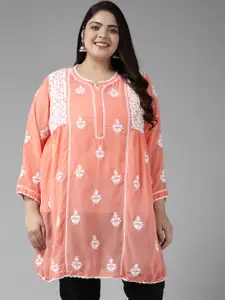 ADA Plus Size Peach Ethnic Motifs Embroidered Chikankari Poly Georgette Kurti With Slip
