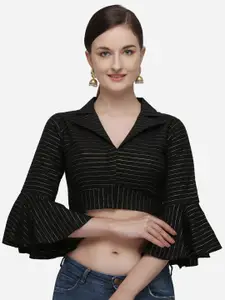 Amrutam Fab Women Black Striped Silk Saree Blouse With Collared Neck