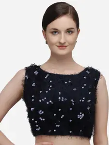 Amrutam Fab Women Navy Blue Embellished Saree Blouse