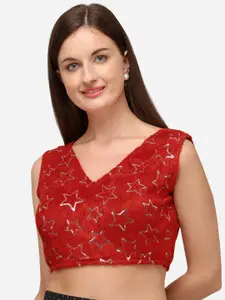 Amrutam Fab Women Red Velvet Sequence Saree Blouse