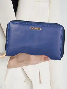 Sassora Women Blue Zip Detail Leather Zip Around Wallet