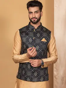 KISAH Men Navy Blue Woven Design Nehru Jacket