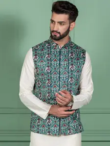 KISAH Men Green Printed Nehru Jacket