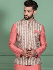 KISAH Men Olive Printed Nehru Jackets