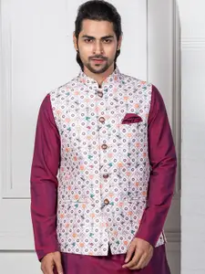KISAH Men White Woven Design Nehru Jacket