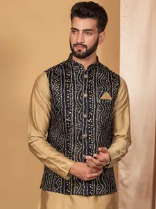 KISAH Men Navy Blue Woven Design Nehru Jacket
