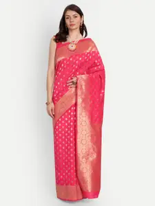 RIVAMA RIVAMA Pink & Gold-Toned Floral Zari Silk Cotton Banarasi Saree