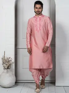 KISAH Men Pink Thread Work Kurta