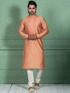KISAH Men Peach-Coloured Thread Work Kurta