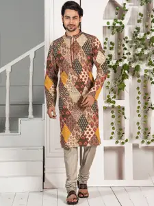 KISAH Men Brown & Blue Geometric Printed Kurta