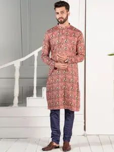 KISAH Men Pink Printed Mandarin Collar Straight Kurta