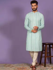 KISAH Men Green & White Striped Kurta