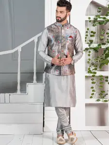 KISAH Men Grey Paisley Printed & Zari Embroidered Kurta With Churidar & Nehru Jacket