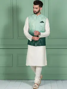 KISAH Men Green & Off White Kurta With Churidar With Nehru Jacket
