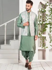 KISAH Men Green Solid Kurta with Patiala & Nehru Jacket Set