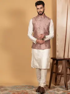 KISAH Men Brown Kurta with Churidar Jacket Set