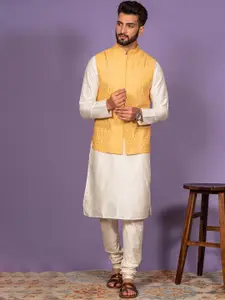 KISAH Men Yellow & Cream-Colored Kurta and Pyjamas With Nehru Jacket