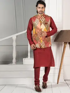 KISAH Men Maroon Kurta with Churidar Jacket Set