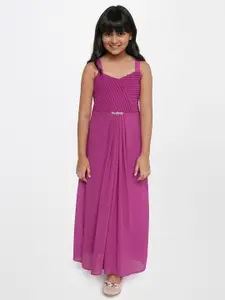 AND Girls Pink Georgette Solid Pleated Sleeveless Maxi Dress