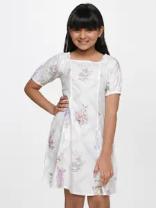AND Girls White Floral Linen A-Line Dress