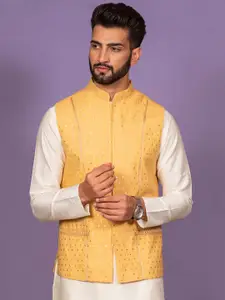 KISAH Men Yellow Printed Nehru Jackets