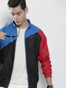 The Indian Garage Co Men Blue & Black Colourblocked Windcheater Outdoor Open Front Jacket