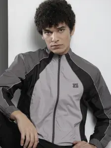 The Indian Garage Co Men Grey & Black Colourblocked Windcheater Jacket