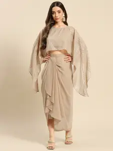 MABISH by Sonal Jain Women Nude-Coloured Printed Cape Top with Draped Skirt