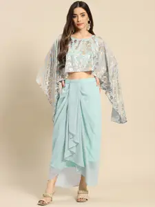 MABISH by Sonal Jain Women Blue Printed Cape Top with Draped Skirt