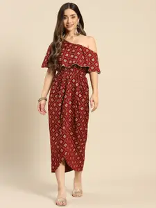 MABISH by Sonal Jain Maroon Floral Off-Shoulder Layered Midi Dress