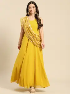MABISH by Sonal Jain Yellow Layered Georgette Maxi Dress With Dupatta Drape