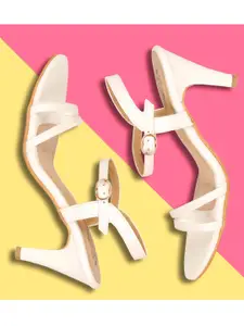 Denill White Striped Stiletto Peep Toes Heels with Buckles