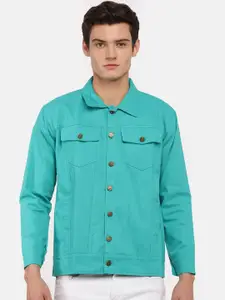 VOXATI Men Turquoise Blue Solid Denim Jacket