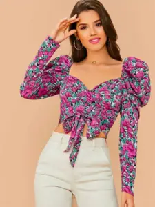 Dream Beauty Fashion Pink Floral Print Sweetheart Neck Crop Top